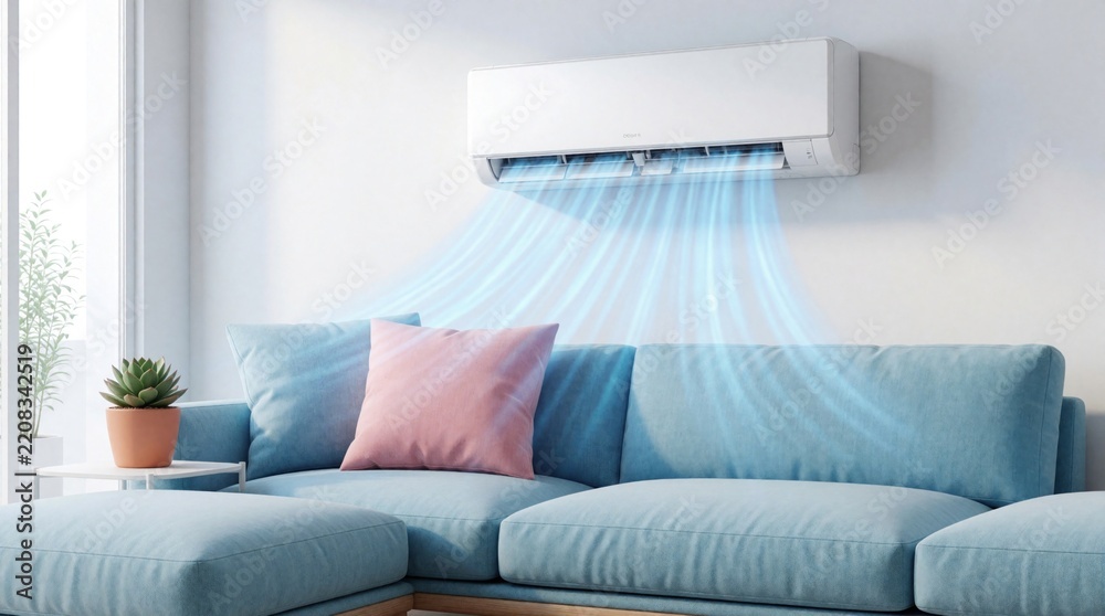 Fototapeta premium Modern white air conditioner unit cools stylish living room with blue air streams. Split system unit works above light blue sectional sofa with pink cushion. Domestic interior features potted plant,