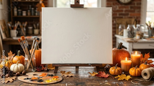 Autumnal Art Studio Scene with Blank Canvas and Pumpkins.