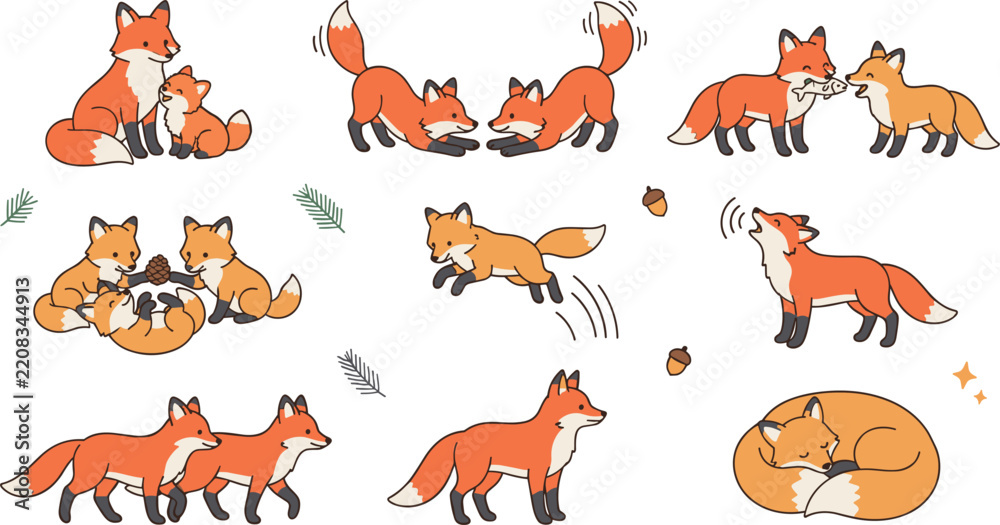 Obraz premium Cute cartoon red fox sticker bundle pack featuring adorable woodland wildlife characters playing sleeping jumping howling and walking isolated graphic vector elements collection