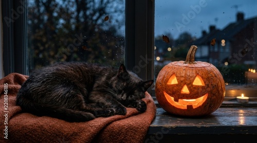 Black cat sleeping next to a glowing jack-o-lantern on a windowsill at dusk.