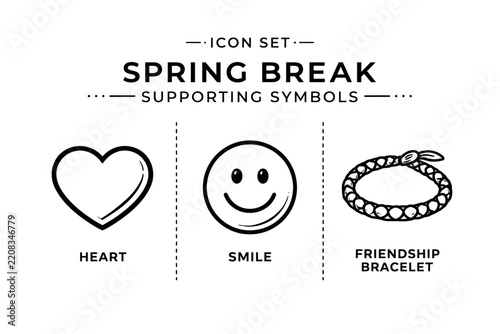 Vector icon set with heart smiley face and friendship bracelet symbols