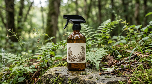 Insect repellent spray bottle on a rock in a lush forest setting  