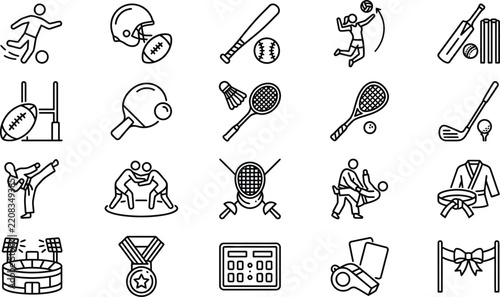 Team sports and individual game icons for athletic competition and sports events on a transparent background.