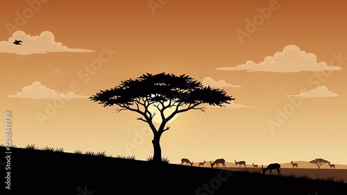 Pixel art savanna sunset, silhouetted acacia tree and grazing animals, warm orange sky with clouds, peaceful wildlife scene