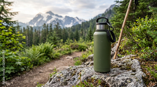 Water bottle on a rock in a mountainous outdoor environment  