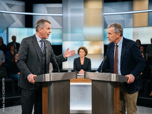 Two male politicians engage in a debate during a live television broadcast