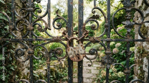 Rusted gate with intricate scrollwork and a heavy lock. Greenery climbs behind weathered iron bars. Moss and ivy embrace stone pillars. Ancient gate hints at forgotten garden or estate