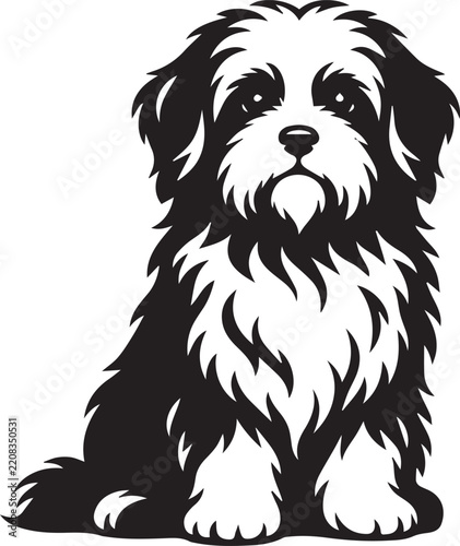 Fluffy Long Haired Dog Black and White Vector Silhouette Illustration