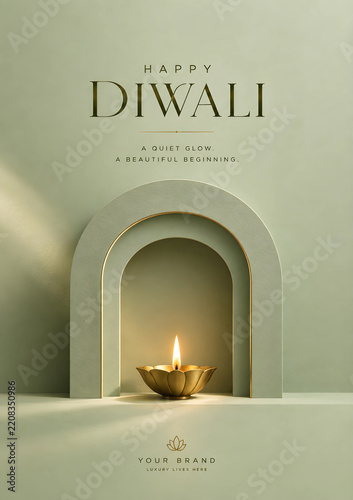 Sage Green Diwali Greeting with Golden Diya in an Arch