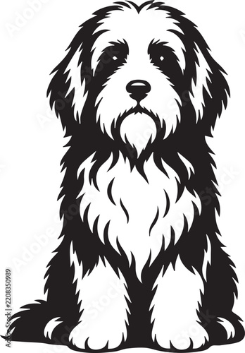 Fluffy Long Haired Dog Black and White Vector Silhouette Illustration