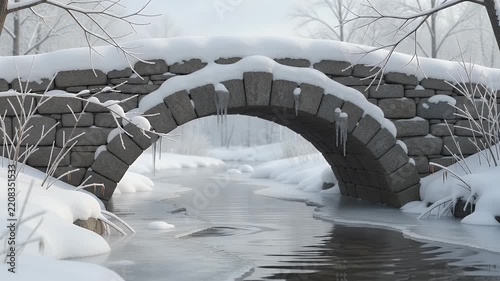 Stone arched bridge covered in snow, icicles hanging from its edge, with a partially frozen stream flowing underneath, serene winter forest landscape