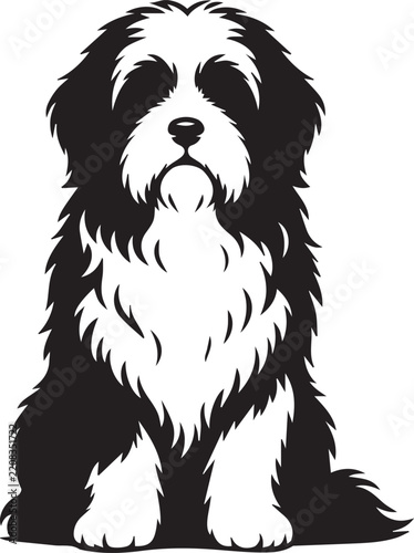 Fluffy Long Haired Dog Black and White Vector Silhouette Illustration
