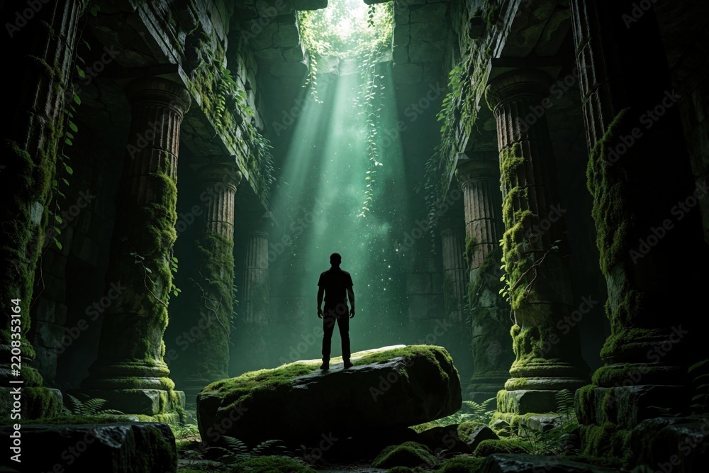 Obraz premium Silhouette of man standing on mossy rock inside ancient ruined temple. Light rays shine through ceiling onto stone columns covered in green plants. Person explores mysterious historical site amidst