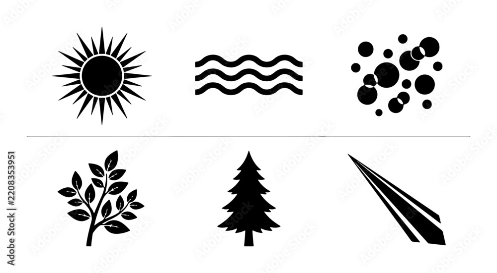 Obraz premium Nature elements silhouettes set with sun, waves, bubbles, leaves, pine tree, and comet for environmental design