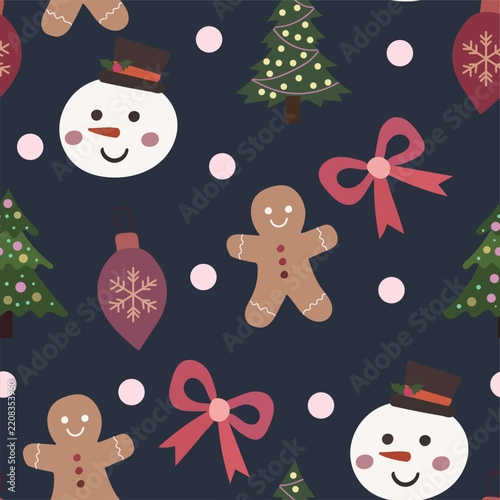 Seamless Christmas vector pattern with gift boxes, snowmen, Christmas trees, festive bows and holiday ornaments on a dark background. Perfect for wrapping paper, textiles, packaging and seasonal produ
