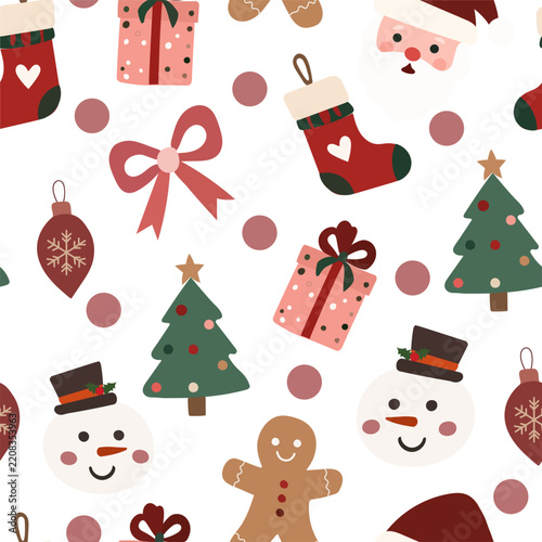 Seamless Christmas vector pattern with gift boxes, snowmen, Christmas trees, festive bows and holiday ornaments on a light background. Perfect for wrapping paper, textiles, packaging, stationery