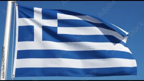 Greek Flag Waving Against Blue Sky Background for Travel, Branding, and Patriotic Design