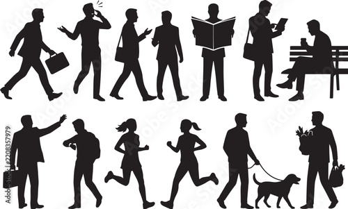 Diverse group of people silhouettes engaged in everyday activities in a city