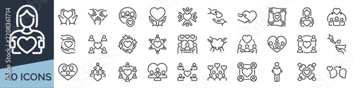 Set of 30 outline icons related to philanthropy. Linear icon collection. Editable stroke. Vector illustration