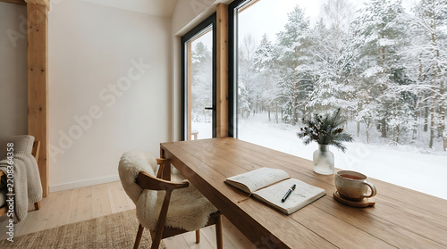 Cozy Minimalist Workspace Overlooking a Peaceful Snowy Forest Winter Landscape