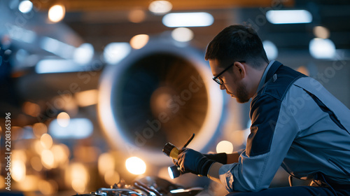 Faceless aircraft maintenance mechanic inspecting a plane engine with a flashlight in a hangar, defocused hangar background, with copy space