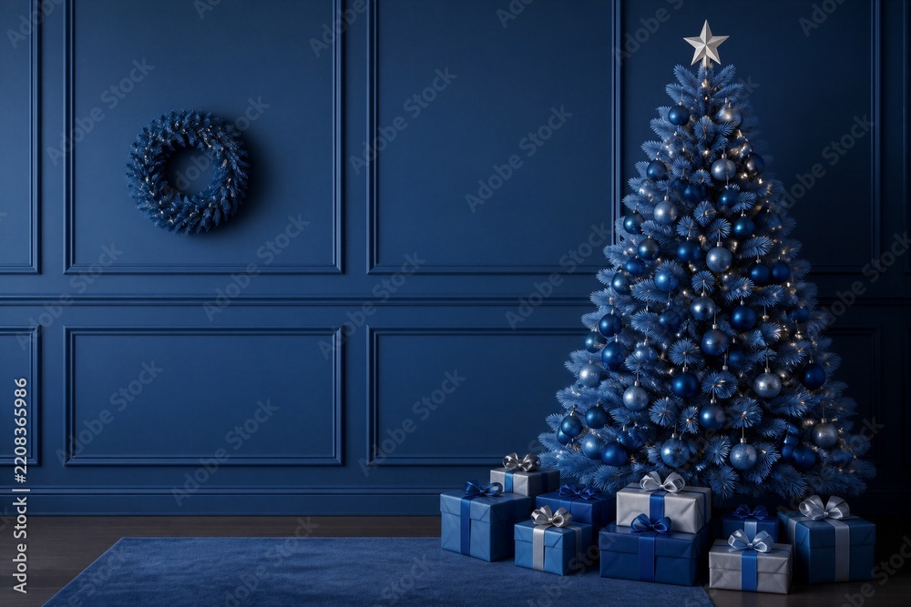 Fototapeta premium Blue decorated christmas tree with wrapped presents in room