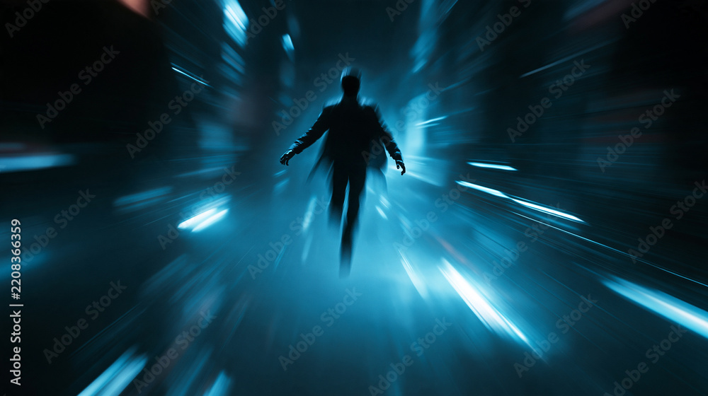 Naklejka premium Faceless man floating in a dream world in the dark, surreal night atmosphere, with copy space