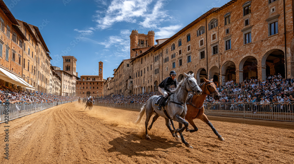 Obraz premium Horses and jockeys race fiercely on a dusty track in siena's historic city center, surrounded by an enthusiastic crowd watching this traditional italian competition