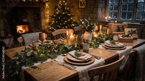 Cozy Rustic Christmas Dinner Table Setting with Glowing Fireplace and Decorated Tree in a Stone House