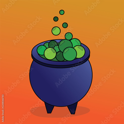 Witch cauldron with boiling green magic potion on orange background