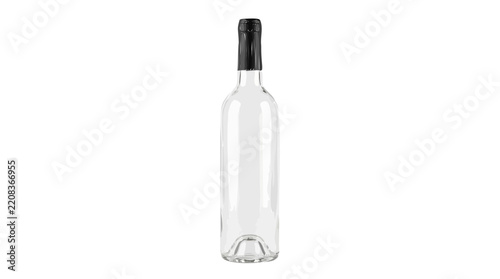 Empty transparent glass wine bottle with a black cap isolated on a white background for beverage storage and product presentation mockup