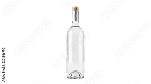 An empty transparent glass bottle with a natural cork stopper isolated on a white background for beverage, wine, and liquor packaging design