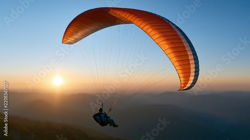 Faceless paraglider flying over mountains in beautiful light, adventure sport concept, with copy space