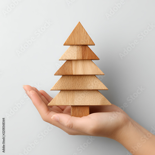 Hand Holding a Wooden Christmas Tree Made of Paper, Creative Origami Holiday Decoration for Christmas Card, Winter Celebration and New Year Design