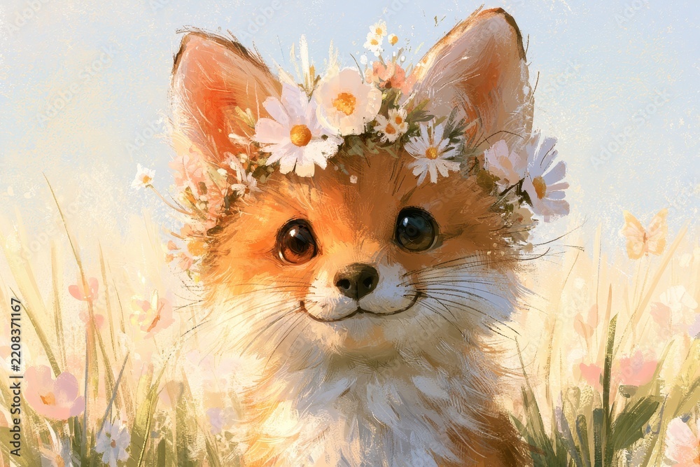Obraz premium Whimsical illustration of a baby fox wearing a flower crown in a sunlit spring meadow, perfect for a children's book