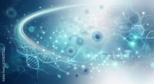 Futuristic Biotechnology Background with DNA Strands, Molecules, Healthcare Symbols and Digital Research Data. Generative AI