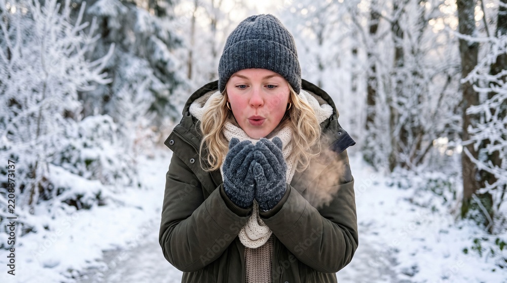 Fototapeta premium Young Woman Blowing Warm Breath in Snowy Winter Forest Wearing Beanie and Scarf