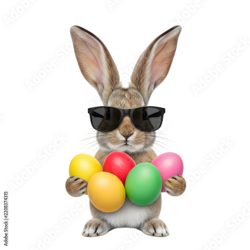 Cute easter bunny wearing sunglasses holding colorful eggs