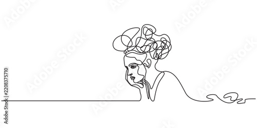 Continuous one line drawing of a woman with confused feelings worried about bad mental health. Problems, stress, Problems stress illness and depression concept in simple linear style. Doodle Vector