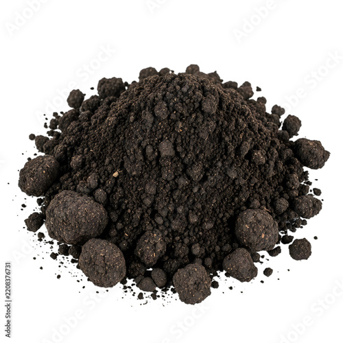 A small pile of dark brown garden soil isolated on white