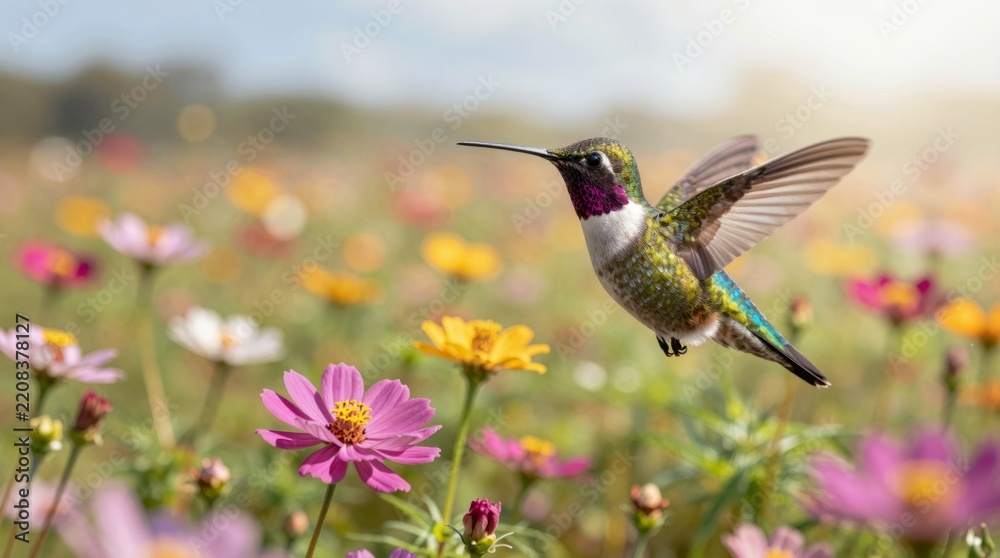 Fototapeta premium A stunning close-up of a hummingbird in mid-flight over a field of vibrant flowers. This enchanting scene captures the beauty and grace of nature.