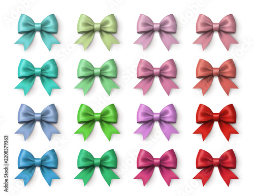Glossy satin ribbon bows on a white background. Colorful bow collection for gift wrapping, cards and design. Vector EPS 10.