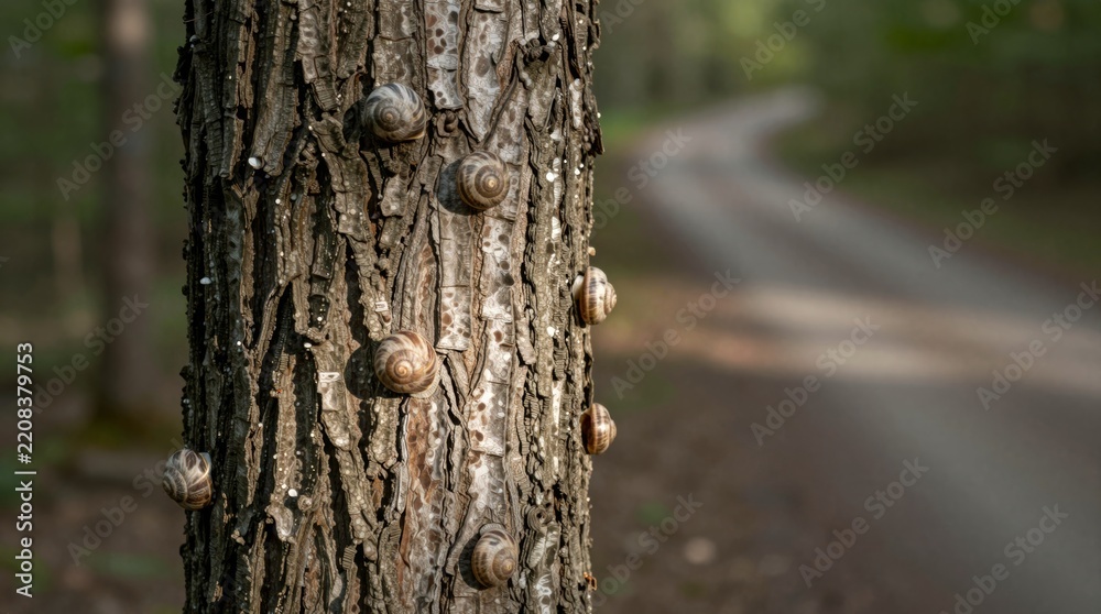 Fototapeta premium A serene scene featuring snails climbing a tree trunk in a peaceful forest. The winding path adds depth to the natural beauty of this tranquil setting.