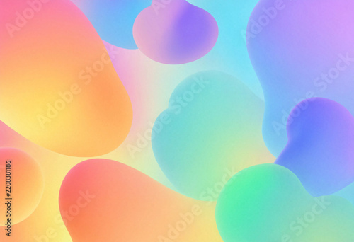 Abstract fluid pastel shapes and bubbles with gradient colors background.