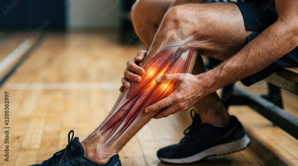 Obraz premium Calf muscle tension: leg cramp, acute spasm, intense soreness, sudden ache, tissue stiffness, physical fatigue, sport strain, body twitch, deep discomfort, neuromuscular issue.