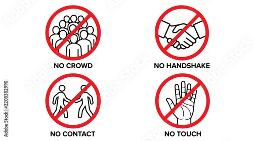 Social distancing prohibition icons set warning against crowd contact handshake and touch