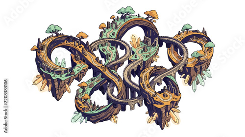 Fantasy floating island map with winding medieval road network and magical crystal elements