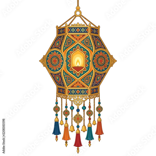 Ornate hanging lantern with intricate traditional patterns and glowing light for celebration