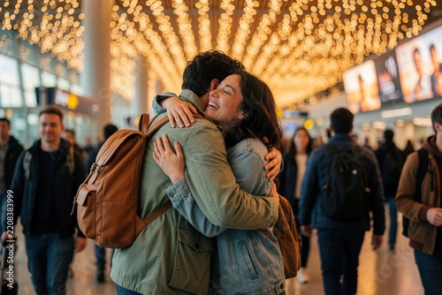 Young couple hugs tightly at airport terminal. Man, woman reunite with joy, emotion after long flight. Happy travelers embrace amidst busy crowd in modern travel hub. Emotional meeting between lovers