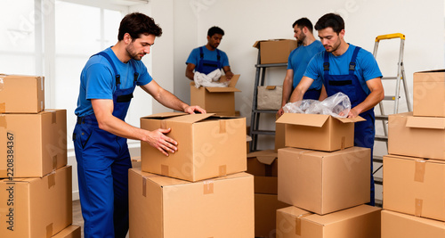 Team of movers packing boxes for relocation service.

